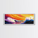 Rolling Waves, Ocean Sunset, Coastal Wall Art, Vibrant Beach Scene, Framed Canvas Print, Nautical Decor, Surfer Room, Seascape Painting