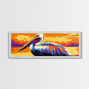 Majestic Pelican, Tropical Sunset, Framed Canvas Print, Coastal Wildlife Art, Boho Animal Decor, Colorful Bird Painting, Beach House Art