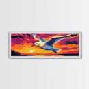 Flying Seagull, Ocean Sunset, Coastal Bird, Colorful Sky, Framed Canvas Print, Nautical Wall Art, Beach House Decor, Bold Landscape