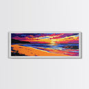 Sunset Beach, Coastal Landscape, Colorful Ocean, Tranquil View, Framed Canvas Print, Serene Wall Art, Bold Colors, Nautical Style