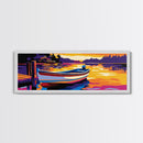Lake Boat, Sunset Art, Cabin Decor, Vibrant Wall Art, Framed Canvas Print, Rustic Living Room, Nautical Art, Bold Seascape Painting