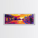 Sunset Street, Urban Glow, Cityscape Silhouette, Vibrant Colors, Framed Canvas Print, Living Room Decor, Bold Abstract, Urban Landscape