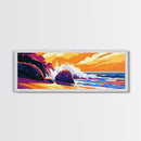 Rocky Shore, Ocean Wave, Sunset Coastline, Vibrant Nature, Framed Canvas Print, Beach House Decor, Bold Seascape, Nautical Style