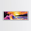 Crashing Wave, Sunset, Ocean Power, Framed Canvas Print, Surfer Wall Art, Beach House Decor, Coastal Color Palette, Vibrant Home Art
