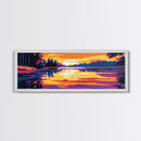 Sunset Lake, Tranquil Reflection, Serene Nature Art, Vibrant Landscape, Framed Canvas Print, Cozy Cabin Decor, Warm Autumn Colors