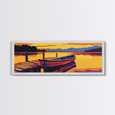 Lake Boat, Sunset Reflection, Framed Canvas Print, Cabin Wall Art, Nautical Home Decor, Serene Landscape, Vibrant Art, Nature Scene