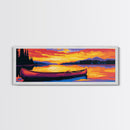 Tranquil Canoe, Lake Reflection, Majestic Sunset, Framed Canvas Print, Cozy Cabin Wall Art, Rustic Retreat Decor, Adventure Aesthetic