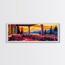 Lakeside, Patio, Sunset, Framed Canvas Print, Vibrant Landscape Art, Dining Room Art, Cozy Decor, Warm Tones, Rustic Autumn Wall Art