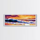 Ocean, Waves, Sunset, Framed Canvas Print, Coastal Wall Art, Boho Beach Art, Vibrant Seaside Decor, Nautical Artwork, Surfer Room Art