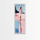 Woman in White, Beach Walk, Elegant Minimalist Art, Framed Canvas Print, Feminine Aesthetic, Living Room Art, Pastel Color Palette