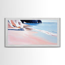 Sandy Beach, Ocean Shore, Soft Pastels, Seaside Tranquility, Framed Canvas Print, Coastal Wall Art, Bathroom Decor, Nautical Painting