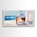 Glass Bottle, Ocean View, Beach House Decor, Coastal Aesthetic, Elegant Still Life, Framed Canvas Print, Pastel Home Decor, Tranquil Art