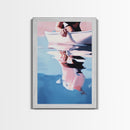 Woman on Water, Summer Reflections, Framed Canvas Print, Contemporary Minimalism, Relaxing Wall Decor, Coastal Home Accent