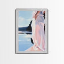 Woman by Water, Soft Pastel Art, Romantic Beach Scene, Minimalist Print, Framed Canvas Print, Tranquil Home Decor, Feminine Wall Art