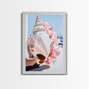 Seashell, Pink Flowers, Beach Aesthetic, Coastal Wall Art, Framed Canvas Print, Nautical Decor, Ocean Lover, Bedroom Art