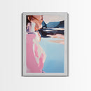 Dreamy Beach Art, Minimalist Woman Portrait, Coastal Fashion Illustration, Soft Pastel Colors, Framed Canvas Print, Bedroom Wall Art