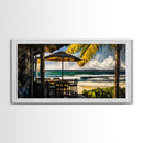Oceanfront Cafe, Tropical Beach View, Nautical Home Art, Relaxing Coastal Decor, Boho Beach House, Seaside Paradise, Framed Canvas Print