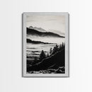 Misty Mountain, Black White Wall Art, Landscape Painting, Nature Artwork, Modern Home Decor, Minimalist Art, Framed Canvas Print