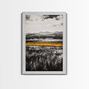Golden Meadow, Black and White Landscape with Yellow Accents, Minimalist Nature Wall Art, Framed Canvas Print, Living Room or Office Decor