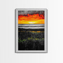 Bold Sunset, Coastal Horizon, Modern Landscape, Framed Canvas Print, Vibrant Seascape Art, Minimalist Beach Decor, Living Room Wall Art