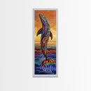 Dolphin Ocean, Sunset Splash, Vibrant marine wall decor Framed Canvas Print, colorful coastal boho art, beach house wall art