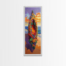 Canoe Beach, Sunset, Vibrant Boat Art Framed Canvas Print, Coastal Wall Decor, Tropical Living Room Art, Colorful Boho Adventure Scene
