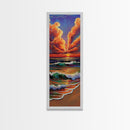 Ocean Sunset, Glow, Waves Framed Canvas Print glowing beach sunset wall art, vivid wave painting, warm coastal decor, boho beach house art