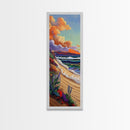 Shoreline Wildflowers, Waves, Sunset, Framed Canvas Print, beach boho art, floral coastal scene, bathroom or bedroom wall decor