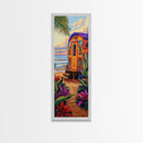Tropical Camper, Beach Sunset, Framed Canvas Print, beach house wall decor, boho camper wall art, colorful coastal painting, fun summer vibes