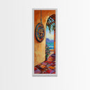 Coastal Compass, Archway View, Framed Canvas Print, Mediterranean boho home decor, nautical hallway wall art, vibrant beach escape
