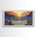 Sunset Beach, Waves, Colorful sunset beach seascape with waves and mountain view, Canvas Print, tropical coastal wall decor