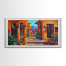 Spanish Courtyard, Colorful Villa Street, Southwest Patio Art, Framed Canvas Print, Mediterranean Home Decor, Rustic Wall Art