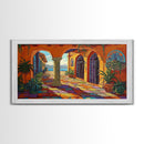Courtyard Villa, Colorful, Tiles, Framed Canvas Print, Spanish villa artwork, warm terra cotta boho decor, kitchen or hallway wall art