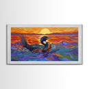 Sunset Loon, Splash, Painting, Framed Canvas Print lakehouse wall art, coastal bathroom decor, vibrant nature print, ocean artwork