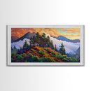 Mountain Trees, Sunset Ridge, Cloudy Peaks, Framed Canvas Print, Nature Inspired Wall Art, Autumn Living Room or Office Decor