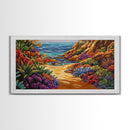 Colorful Beach, Pathway, Painting, Framed Canvas Print vibrant coastal trail wall decor, tropical beach boho art, hallway accent