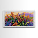 Botanical Sunset, Mountain, Framed Canvas Print, Vibrant Flower Field Painting, Nature Boho Wall Art, Sunset Hallway Decor