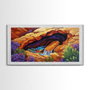 Desert Hidden, Oasis, Waterfall, Framed Canvas Print Nature-inspired boho landscape, colorful living room wall art, southwest decor