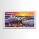 Wave Ocean, Sunset, Surf, Framed Canvas Print, tropical wave wall decor, surf boho art, vibrant beach bathroom or office wall art