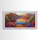 Lake Sunset, Desert, Mountains, Framed Canvas Print, colorful landscape wall decor, boho living room art, nature lovers gift
