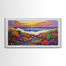 Sunset Ocean, Garden, View, Framed Canvas Print, coastal sunset wall art, tropical flowers, beach décor, boho landscape, living room