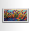 Autumn Lakeside, Grasses, Art, Framed Canvas Print, Fall coastal reed painting, rustic harvest decor, nature print, living room wall