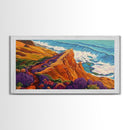 Cliff Flowers, Ocean Horizon, Framed Canvas Print, bold floral bluff, coastline scene, vibrant scenic Kitchen Wall Art, boho decor