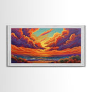 Sunset Ocean, Sky, Framed Canvas Print, Vibrant sunset ocean wall decor, clouds seascape painting, Living Room Wall Art, boho art