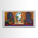Archway Ocean, Tropical, Framed Canvas Print, Colorful tropical patio view through arch, Mexican coastal decor, Dining Wall Art