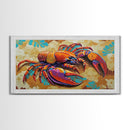 Lobster Coastal, Bold, Framed Canvas Print, Vibrant abstract lobster on sandy background, Nautical Kitchen Decor, Bold Coastal Wall Art