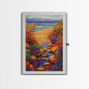 Path Ocean, Flowers, Shoreline, Framed Canvas Print, Bright coastal landscape, colorful wildflower path, Bathroom or Entryway Wall Art