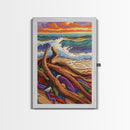 Driftwood Waves, Beach, Sunset, Framed Canvas Print, Coastal stormy beach scene, textured seascape painting, Nautical Bathroom Wall Art