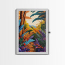 Tropical Jungle, Foliage, Path, Framed Canvas Print, Vibrant Botanical Wall Art, Boho Living Room Decor, Colorful Nature Painting