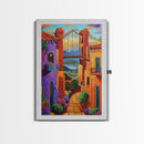 Bridge Street, Sunset, Framed Canvas Print, Colorful Cityscape Wall Art, Vibrant Urban Decor, Boho Architecture Print, Hallway Wall Art